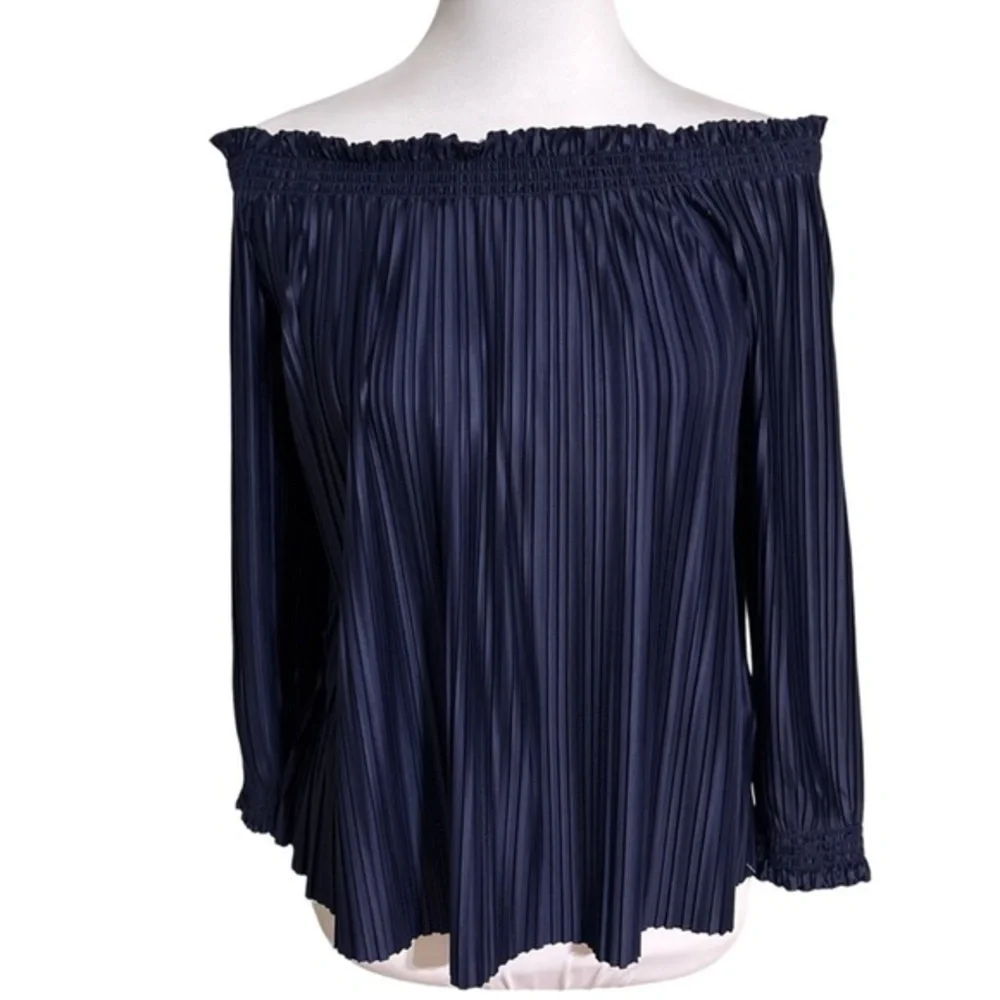 Banana Republic Navy Pleated Off-Shoulder Blouse